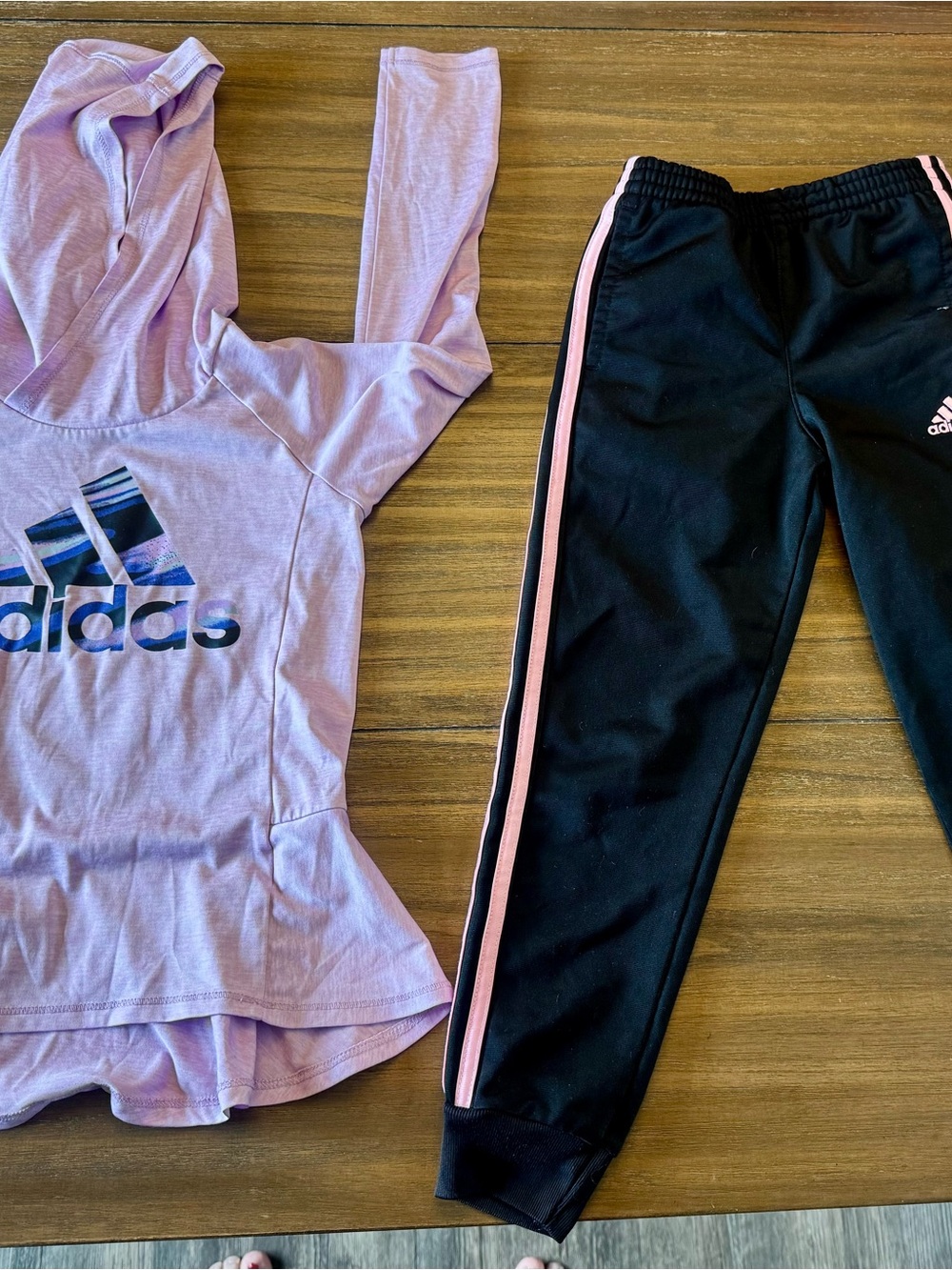 adidas Girls' Lavender Hoodie and Black Joggers with Pink Stripes